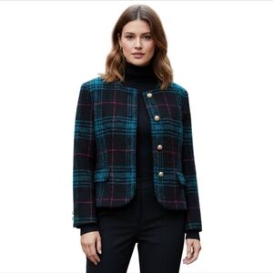 Jones New York Vintage Wool Green Plaid Collarless Lady Jacket Size 8